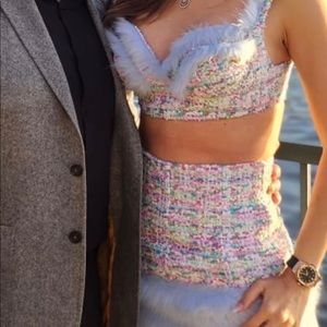 Furry Tweed Bralette top and skirt in Baby Blue